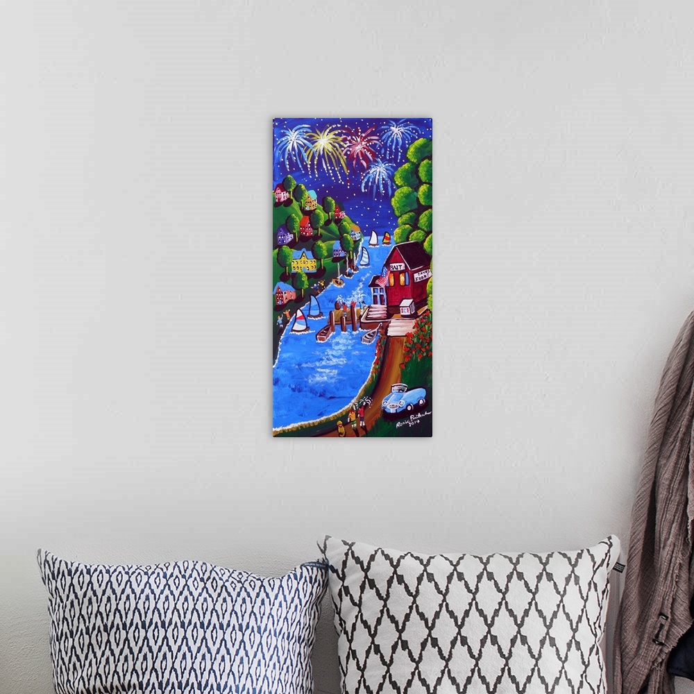 A bohemian room featuring Panel painting of a 4th of July scene along a river filled with boats and surrounded by houses wi...