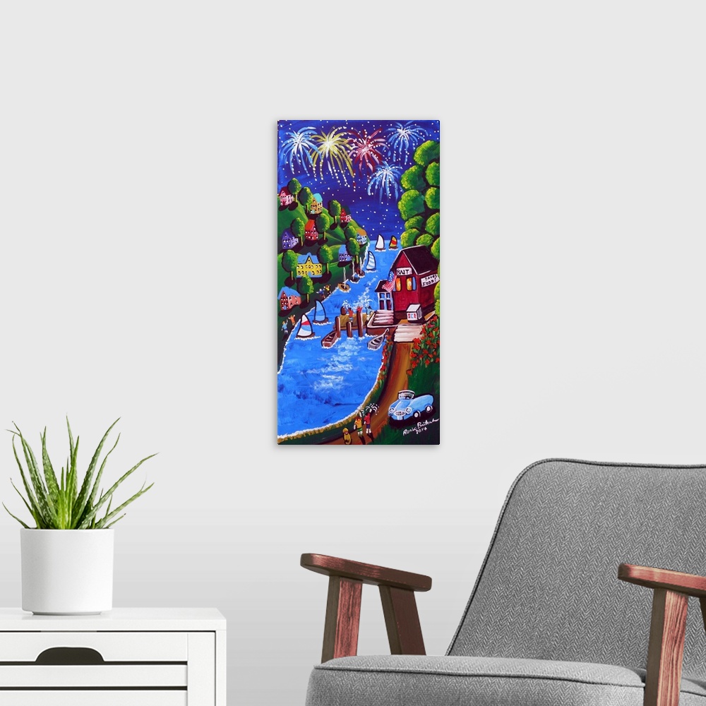 A modern room featuring Panel painting of a 4th of July scene along a river filled with boats and surrounded by houses wi...