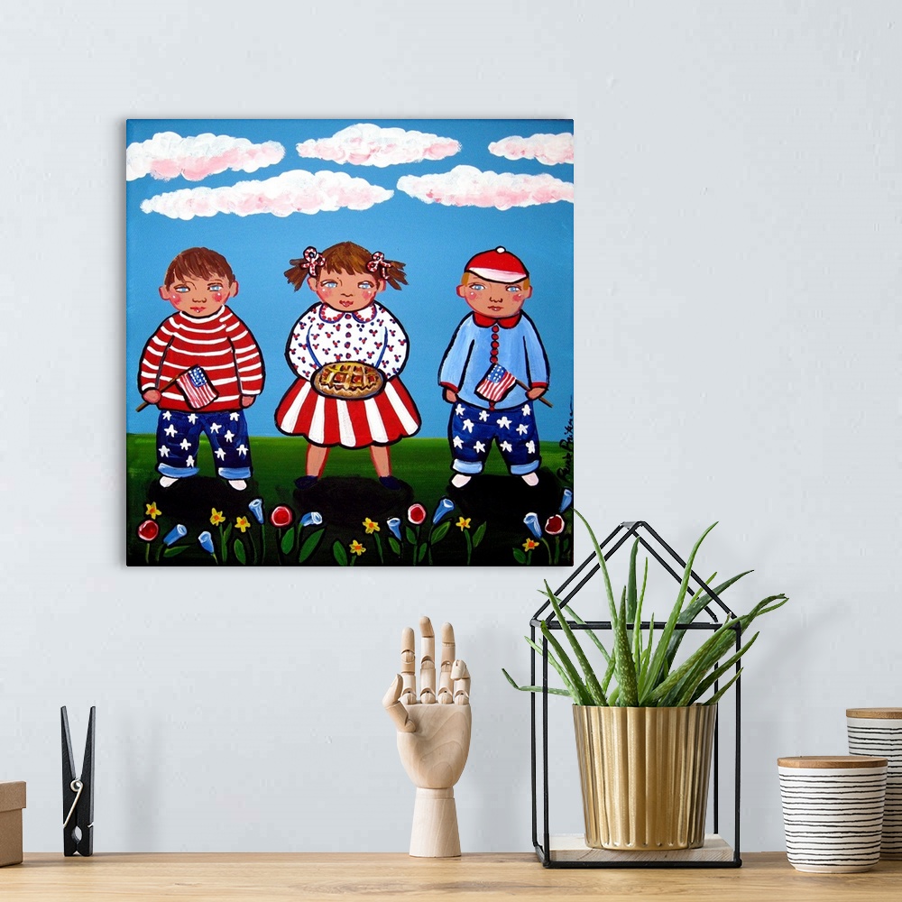A bohemian room featuring Three children dressed in Patriotic Red, white and blue. Two are holding flags and the little gir...