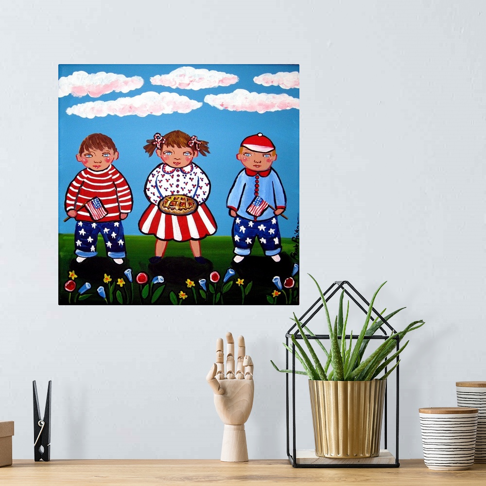 A bohemian room featuring Three children dressed in Patriotic Red, white and blue. Two are holding flags and the little gir...