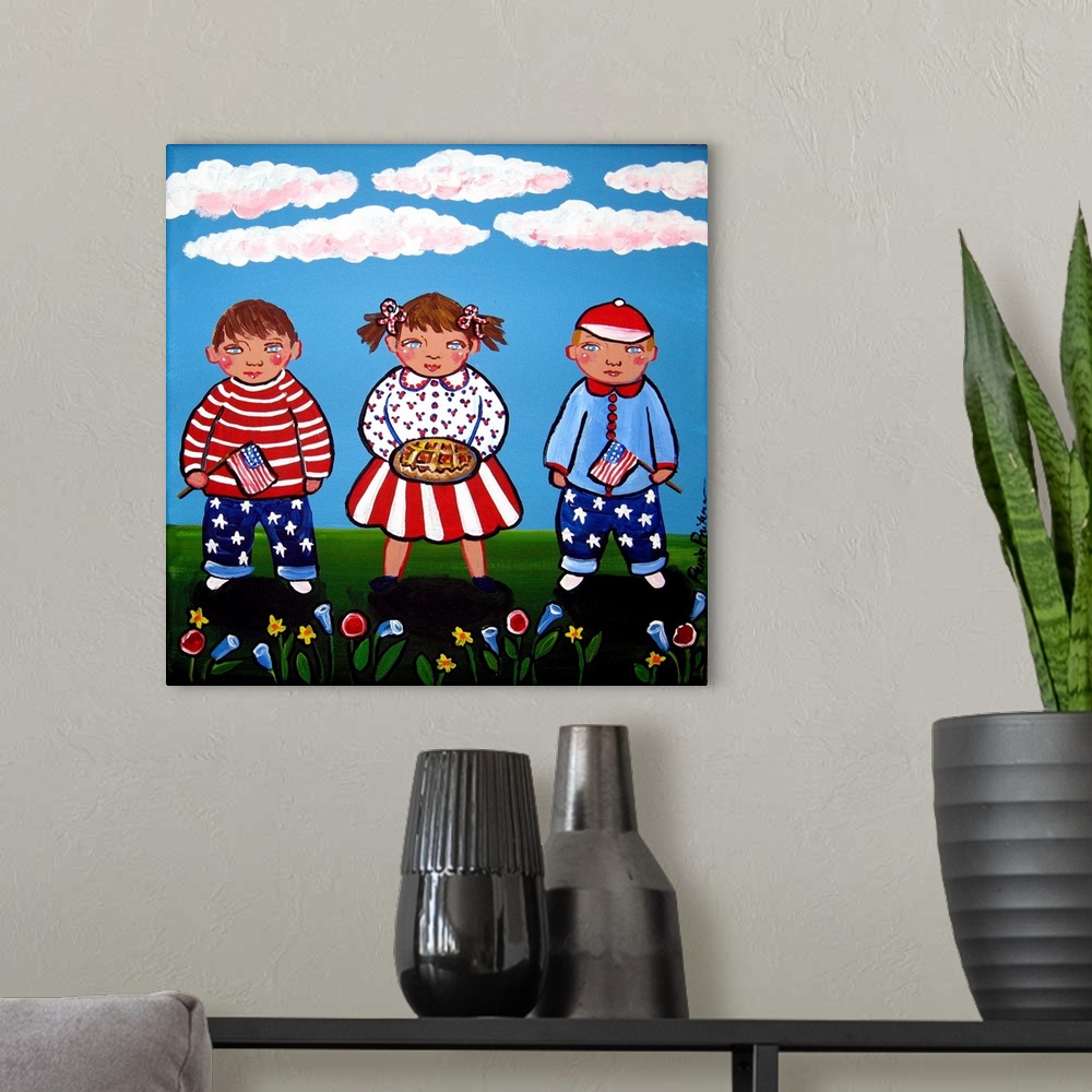 A modern room featuring Three children dressed in Patriotic Red, white and blue. Two are holding flags and the little gir...