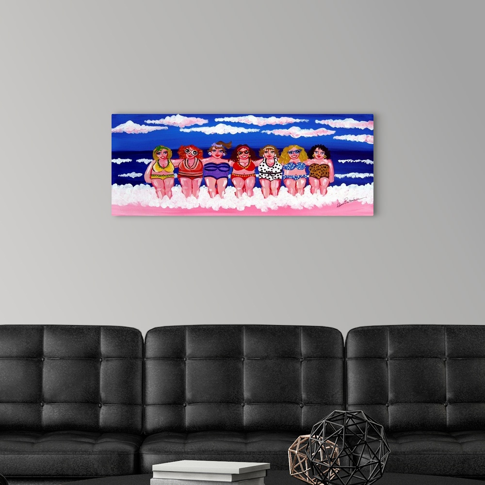 A modern room featuring A group of women are enjoying themselves in the surf and sand, under blue skies, at the beach.