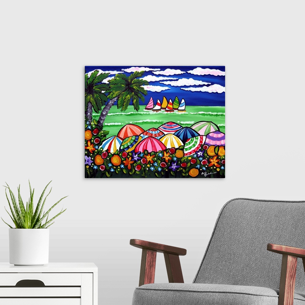 A modern room featuring Wildflowers, palm trees, colorful beach umbrellas, and sailboats in the ocean on a beautiful day ...