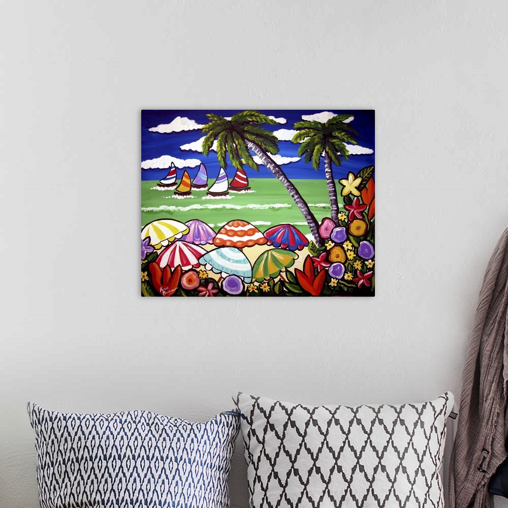 A bohemian room featuring Tropical beach scene with tons of color. Tropical flowers and palm trees frame sailboats which ar...