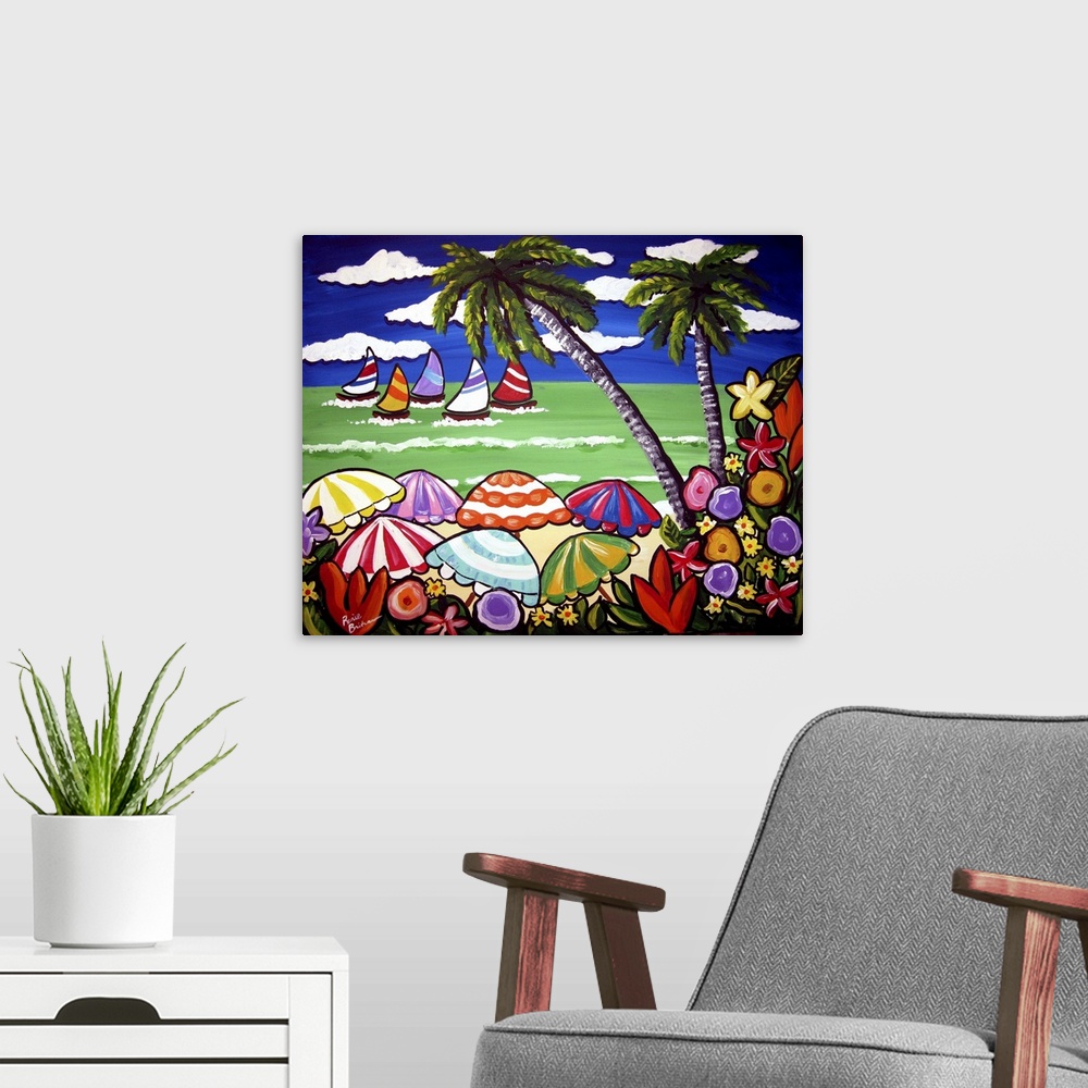 A modern room featuring Tropical beach scene with tons of color. Tropical flowers and palm trees frame sailboats which ar...
