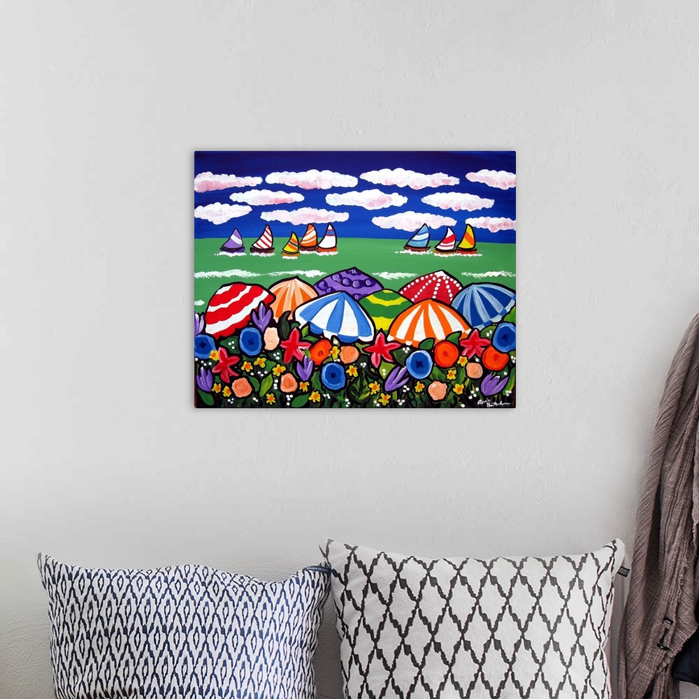 A bohemian room featuring Colorful Beach scene with umbrellas and sailboats.