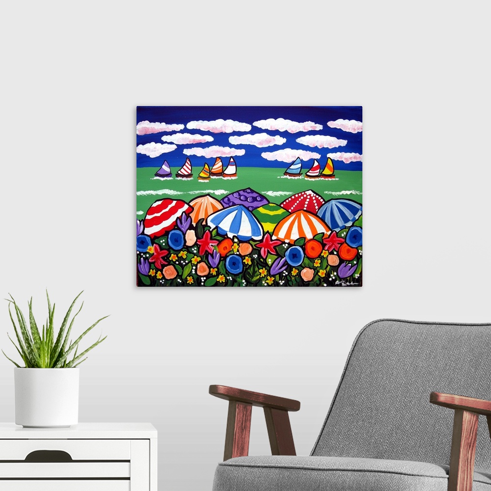 A modern room featuring Colorful Beach scene with umbrellas and sailboats.