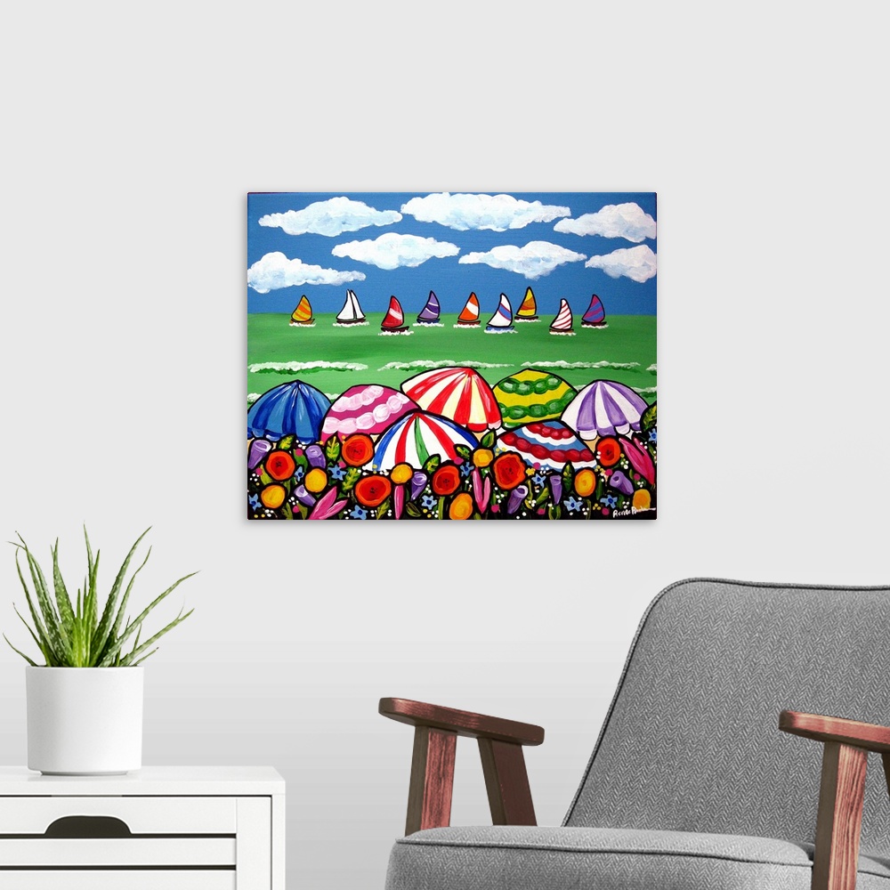 A modern room featuring Wildflowers, colorful beach umbrellas, and sailboats in the ocean on a beautiful day with vibrant...