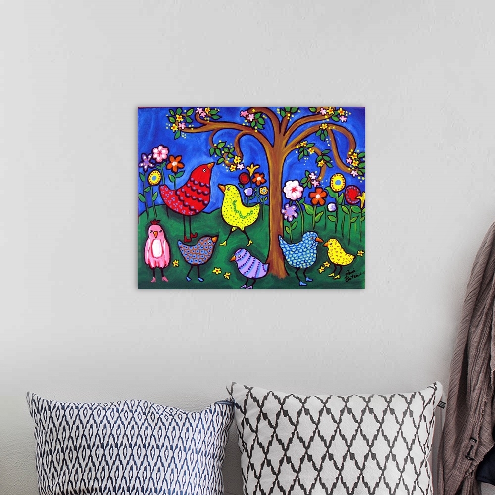 A bohemian room featuring Colorful, whimsical scene with funky birds and blooms, under a deep blue sky.