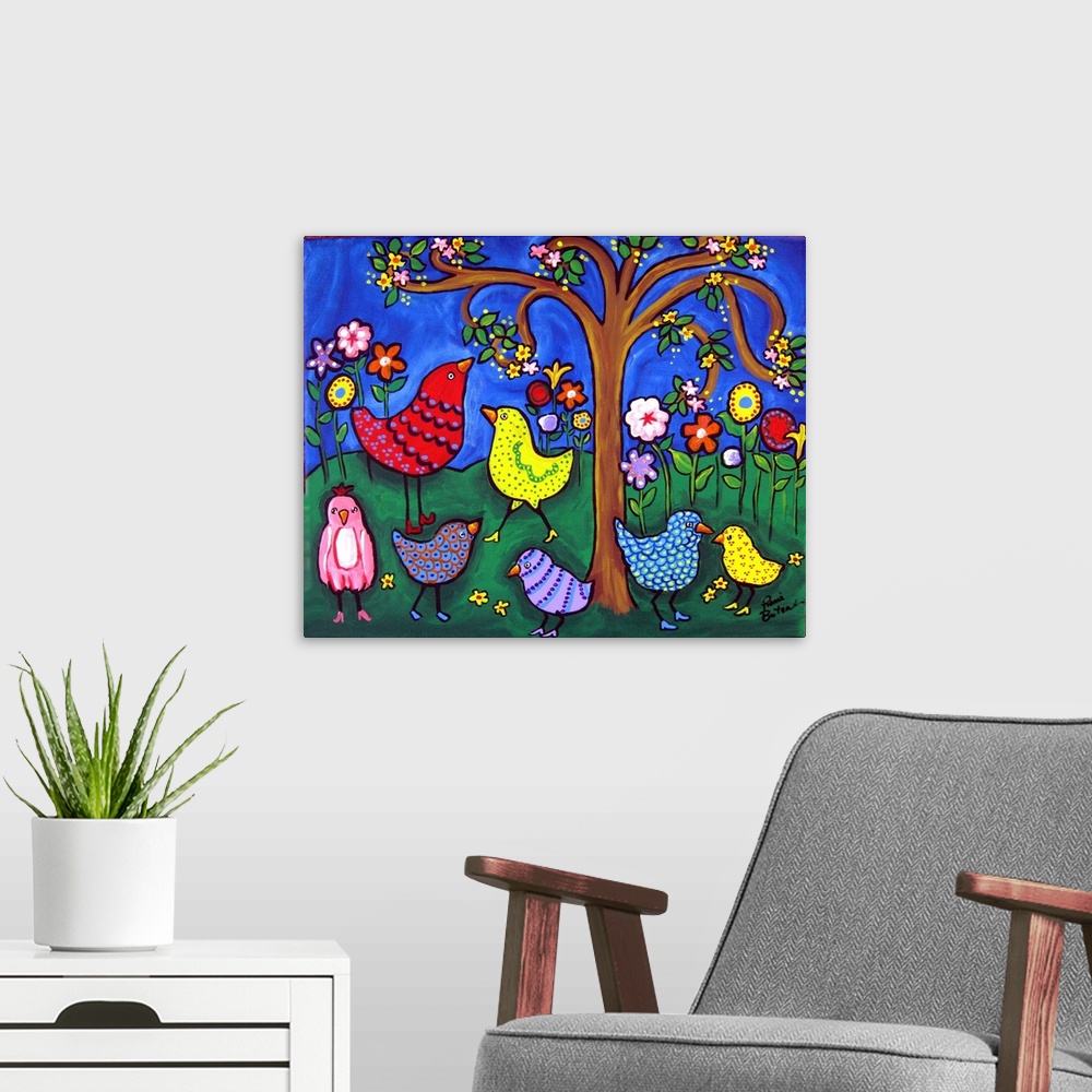 A modern room featuring Colorful, whimsical scene with funky birds and blooms, under a deep blue sky.