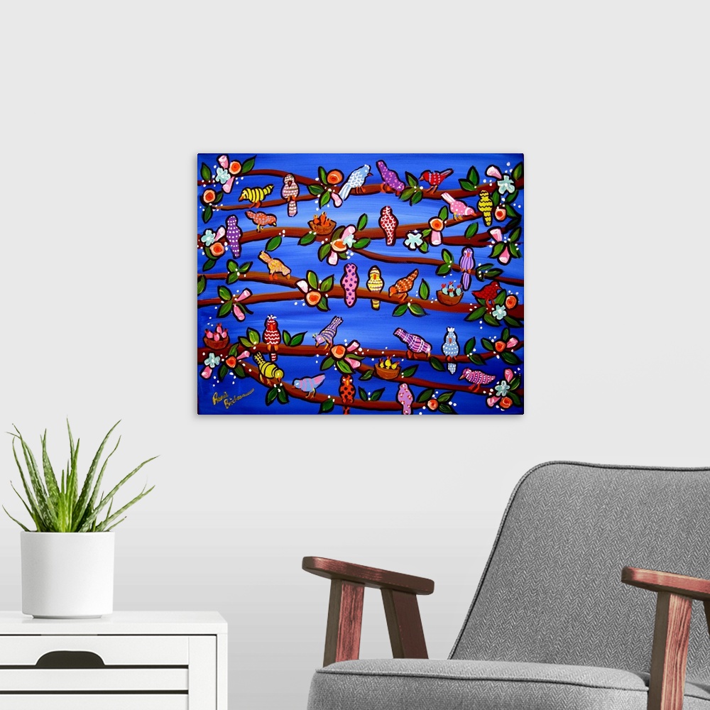 A modern room featuring Whimsical painting of colorfully designed birds perched on tree branches with a bright blue backg...