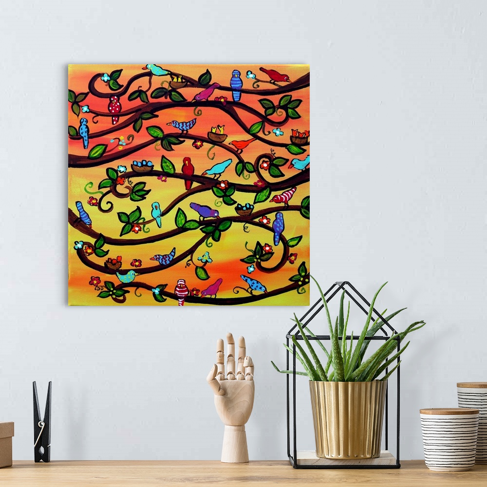 A bohemian room featuring Fun and funky scene with colorful birdies and blossoms against an orange and  yellow background.