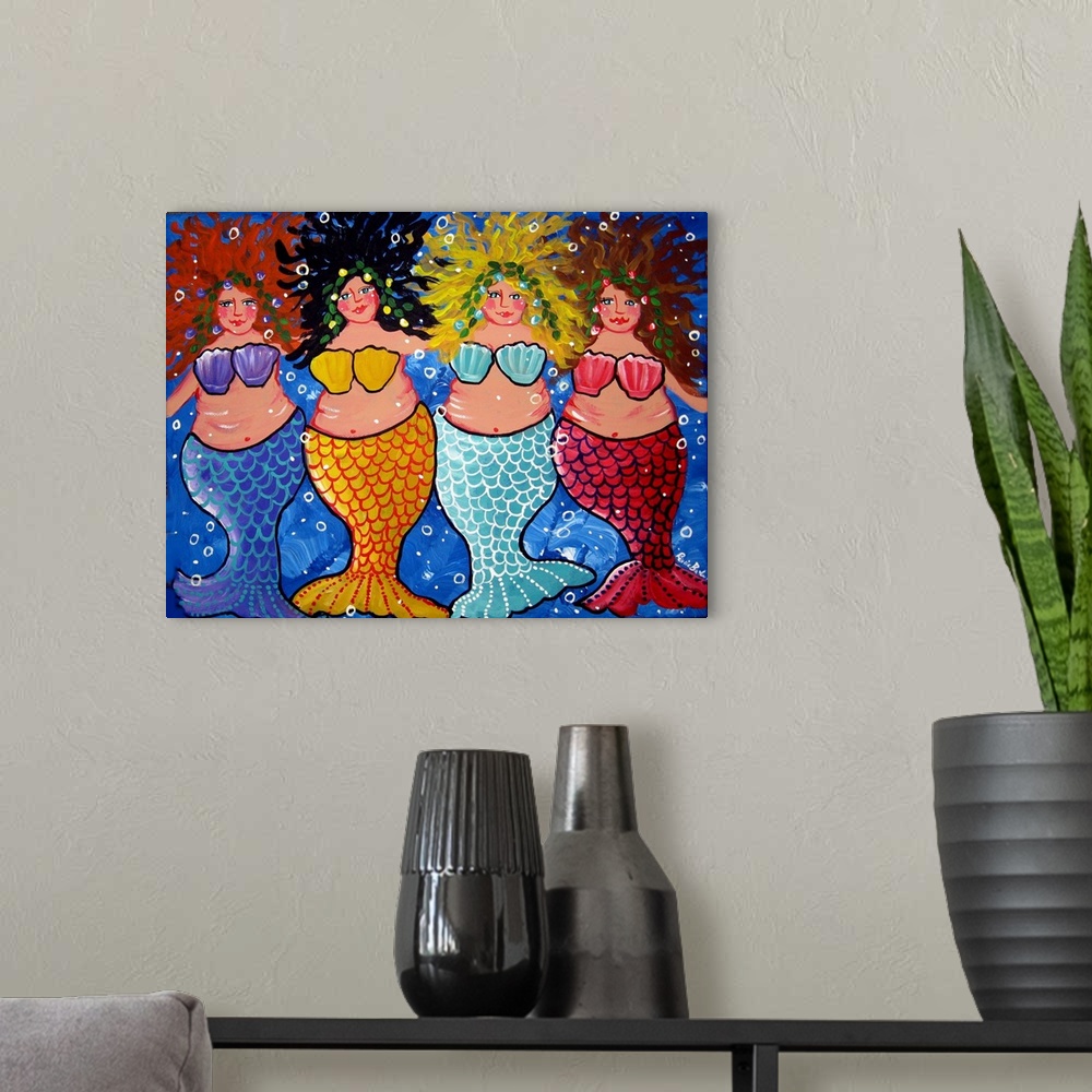 A modern room featuring Four chubby and colorful Mermaids
