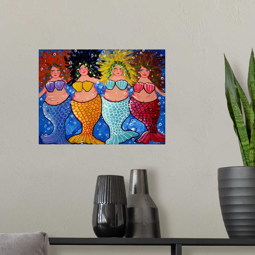 A modern room featuring Four chubby and colorful Mermaids