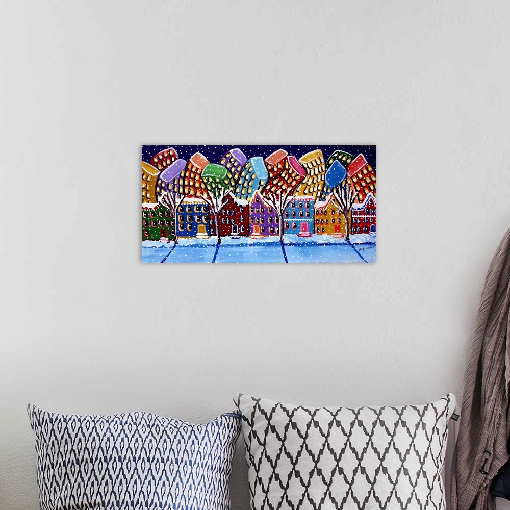 A bohemian room featuring Whimsical city in winter, at night.