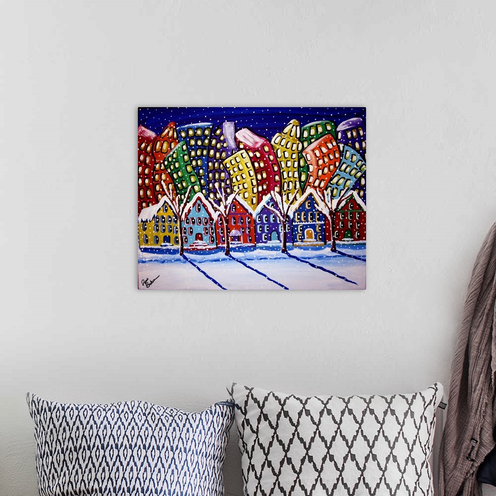 A bohemian room featuring Fun, funky colorful scene of a city neighborhood with the snow falling.