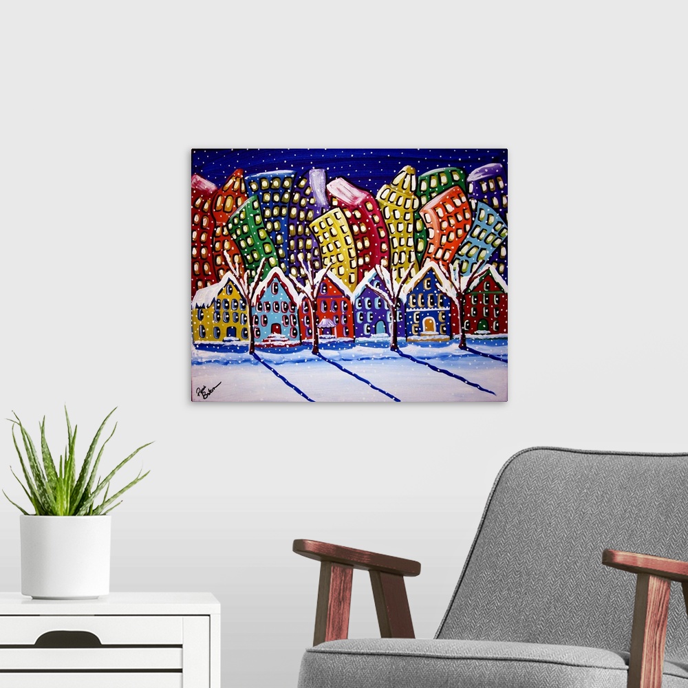 A modern room featuring Fun, funky colorful scene of a city neighborhood with the snow falling.