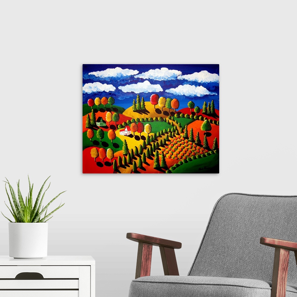 A modern room featuring Fun, whimsical, folk art piece depicting houses, trees, farmland, rolling hills with lots of color.