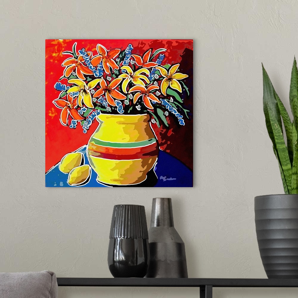 A modern room featuring This is a stylized still life with lillies and lemons.