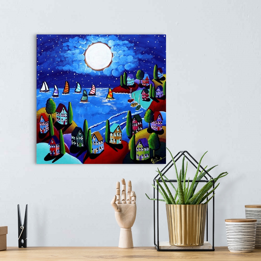 A bohemian room featuring Full moon is reflecting below, where colorful sailboats and whimsical houses are.