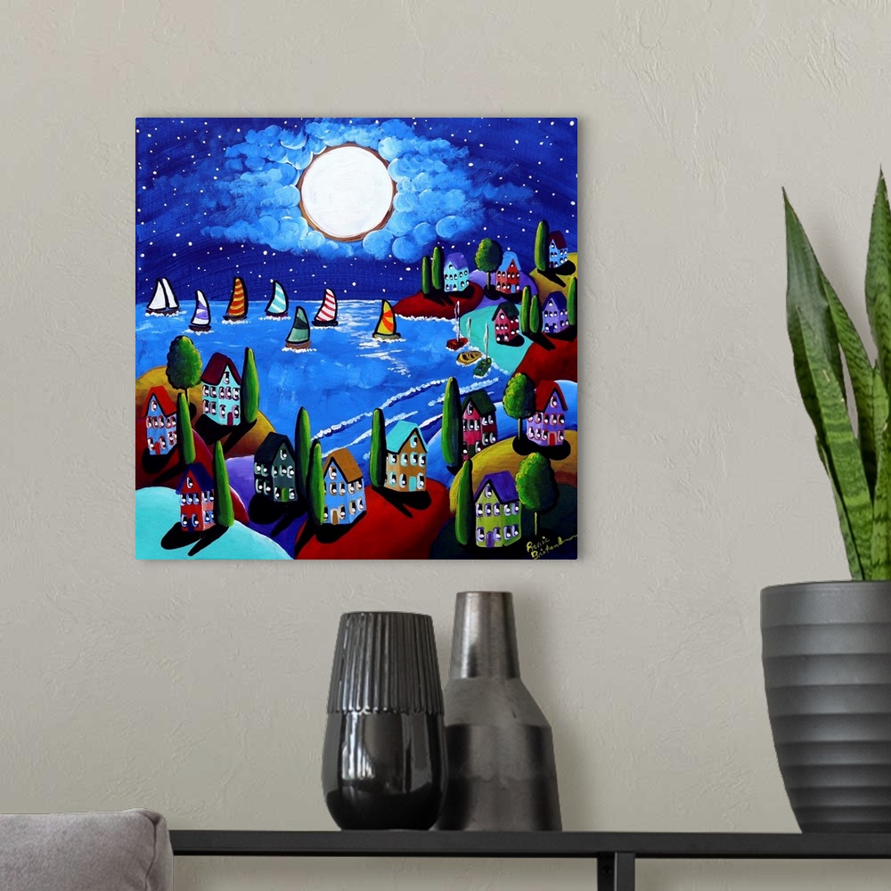 A modern room featuring Full moon is reflecting below, where colorful sailboats and whimsical houses are.