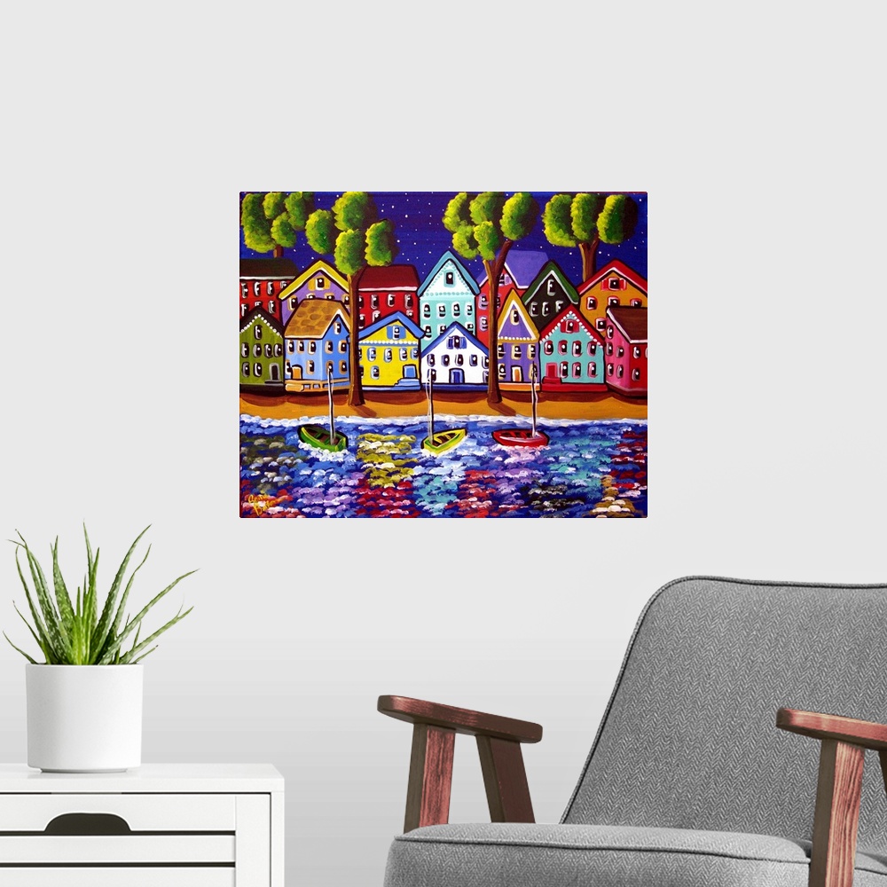 A modern room featuring Colorful shoreline with houses reflected in the water.