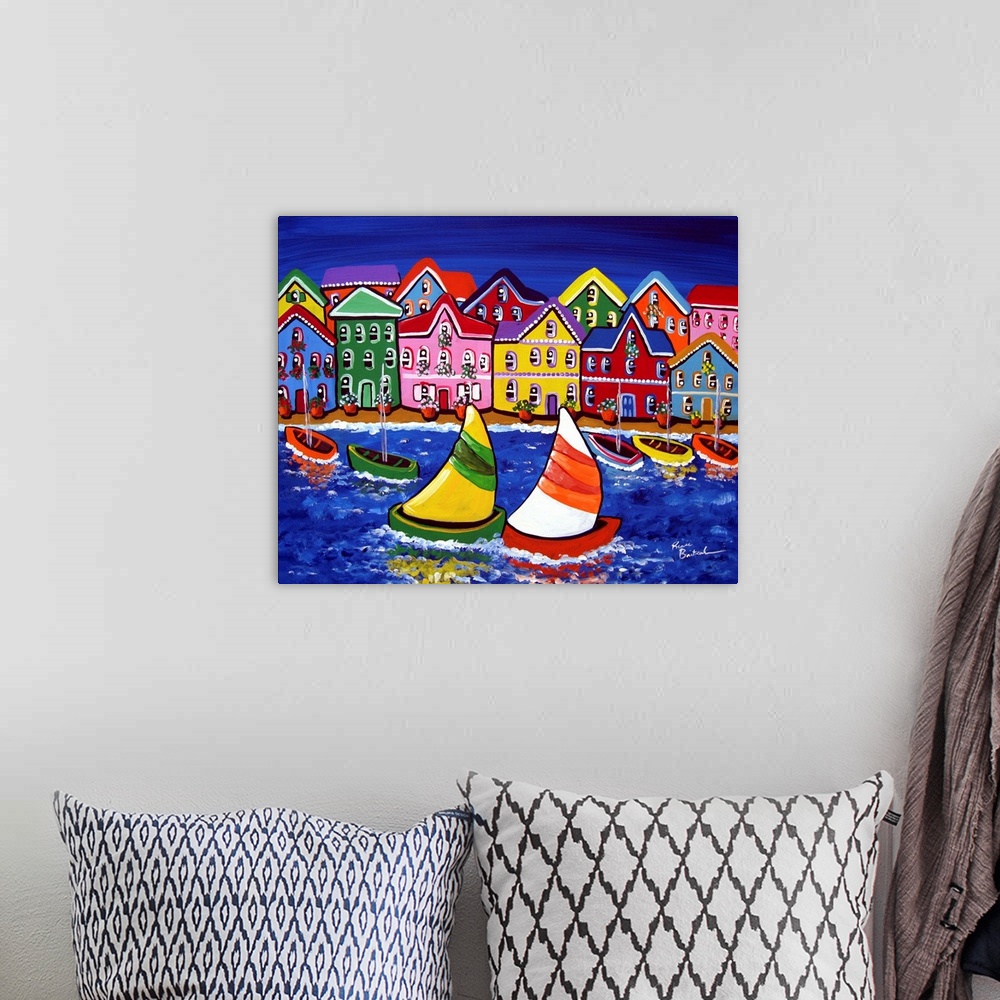 A bohemian room featuring Colorful buildings line the shoreline, while sailboats drift by.