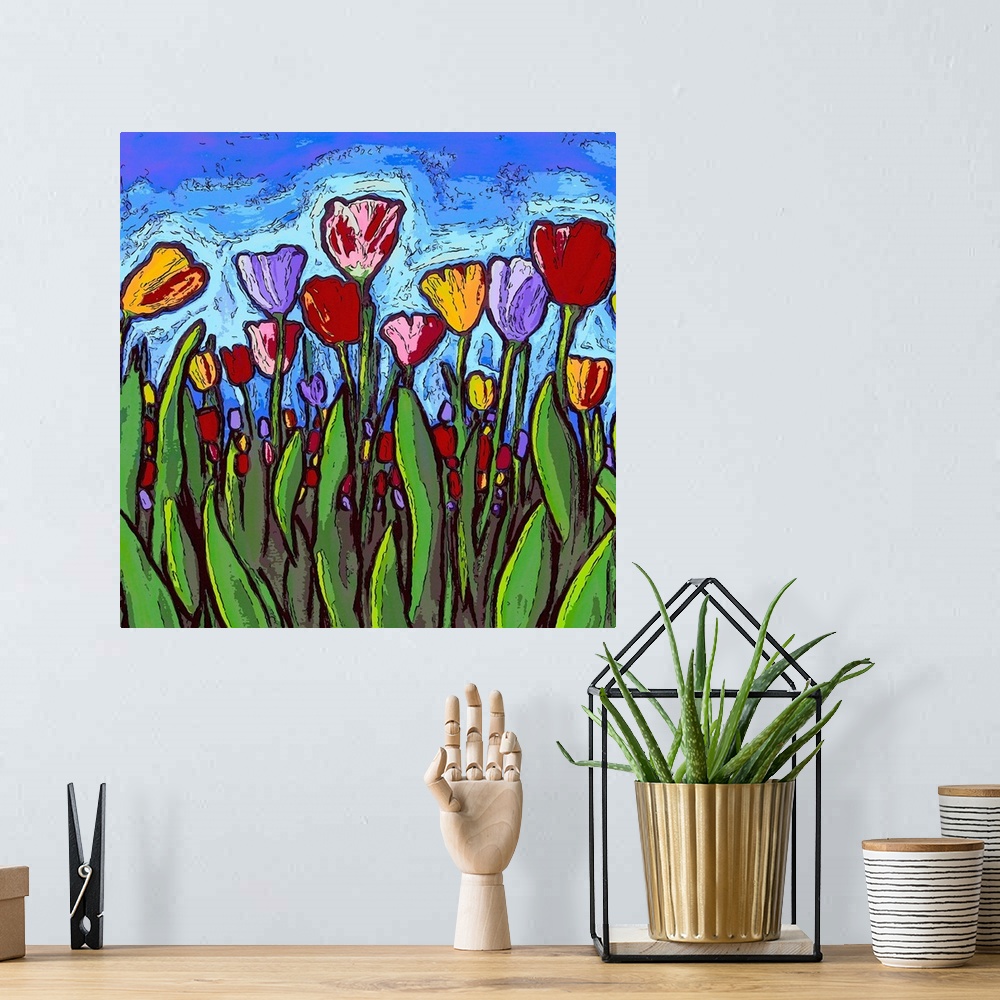 A bohemian room featuring Contemporary square painting of colorful tulips in a field with bright blue skies above.