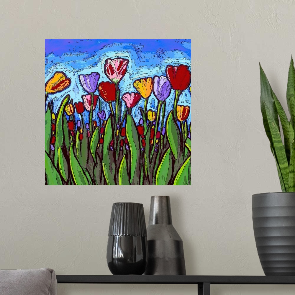 A modern room featuring Contemporary square painting of colorful tulips in a field with bright blue skies above.