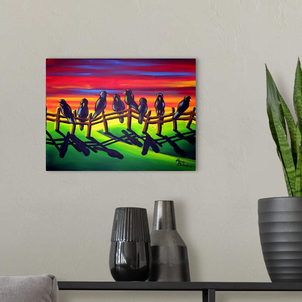 A modern room featuring Colorful Fall sunset is the backdrop to a group of crows who've perched on a fence.