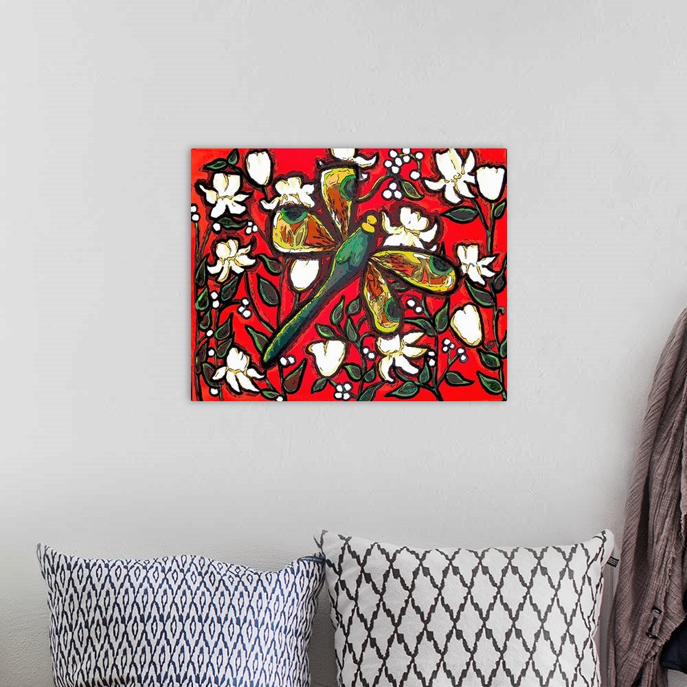 A bohemian room featuring Green Dragonfly against white flowers and a red background.
