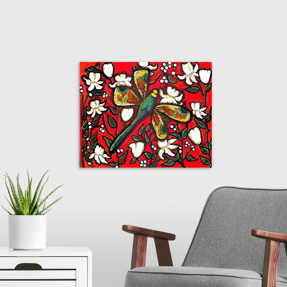 A modern room featuring Green Dragonfly against white flowers and a red background.