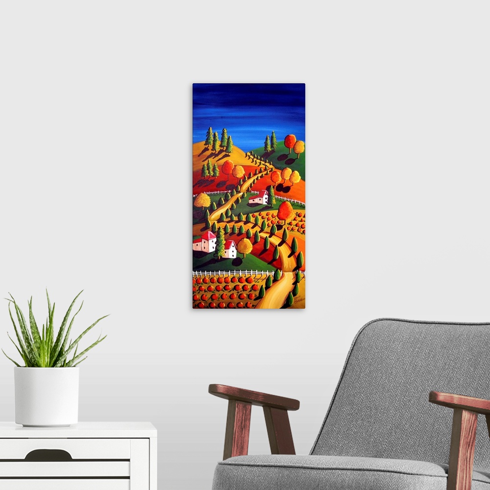 A modern room featuring Colorful fall day landscape with pumpkins and trees.