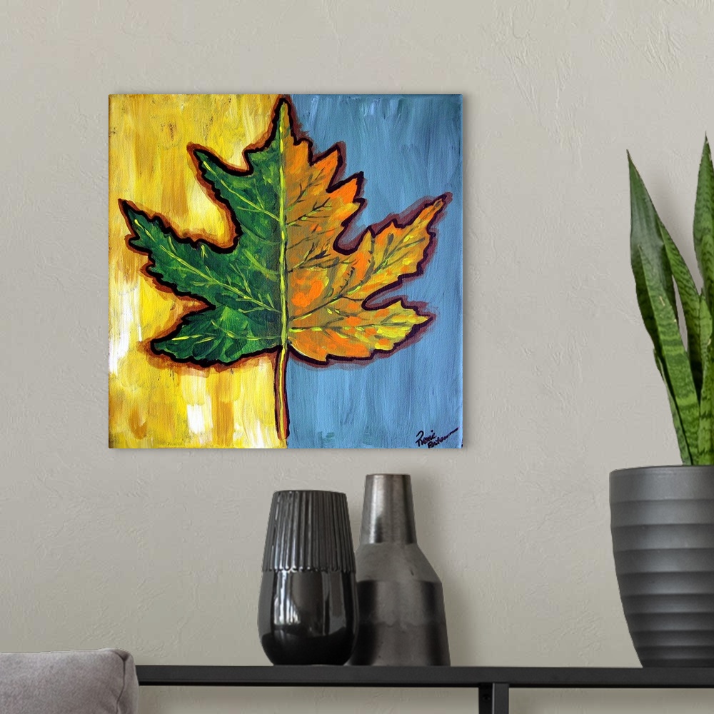 A modern room featuring Two tone background with two tone fall leaf.