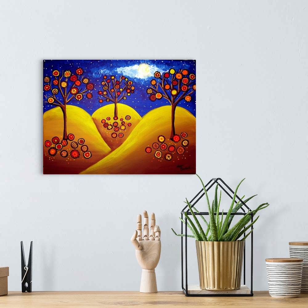 A bohemian room featuring Whimsical funky trees on a fall landscape, under the night sky and full moon.