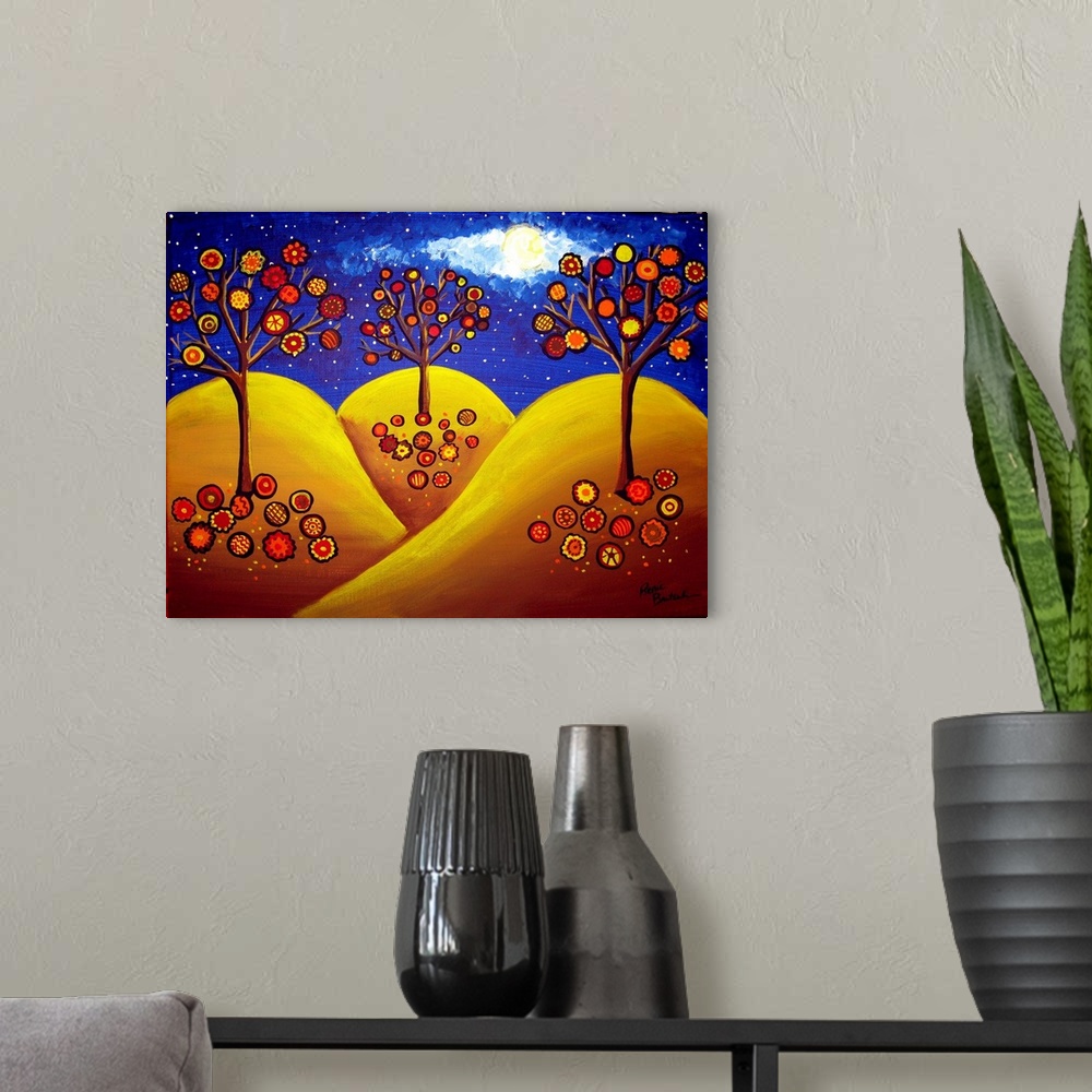 A modern room featuring Whimsical funky trees on a fall landscape, under the night sky and full moon.