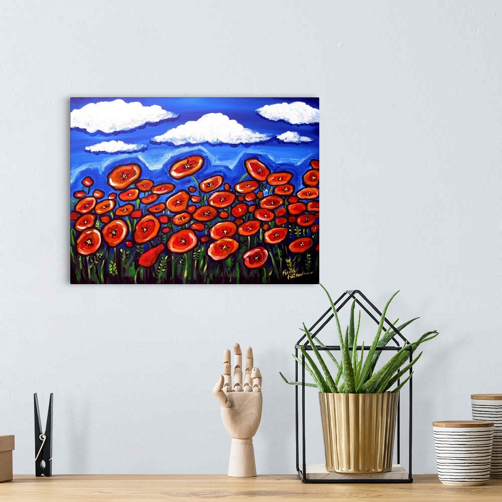 A bohemian room featuring Field of colorful, red Poppies contrast against a deep blue sky.