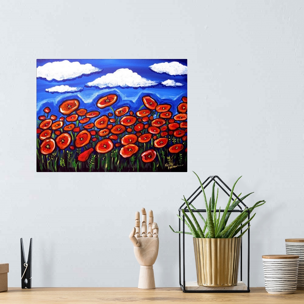 A bohemian room featuring Field of colorful, red Poppies contrast against a deep blue sky.