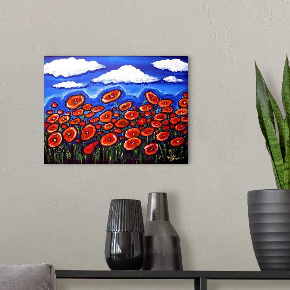A modern room featuring Field of colorful, red Poppies contrast against a deep blue sky.