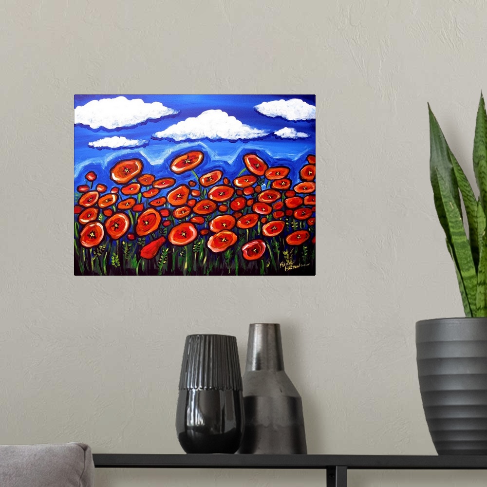 A modern room featuring Field of colorful, red Poppies contrast against a deep blue sky.