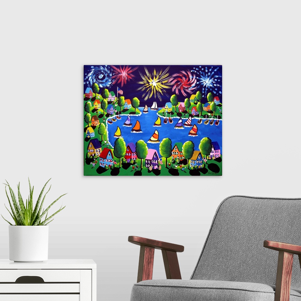 A modern room featuring Fun celebration in folk art style with fireworks going off overhead as people watch from the shor...