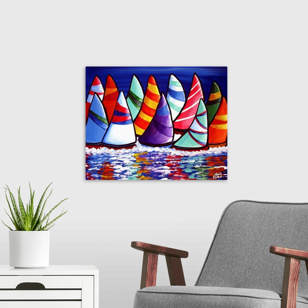 A modern room featuring Whimsical grouping of sailboats reflecting in the water.