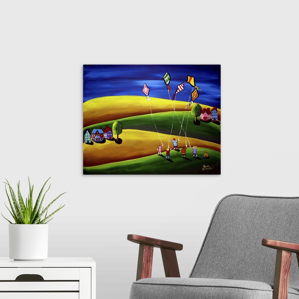 A modern room featuring Colorful, whimsical folk art with children flying kites against a deep blue sky.