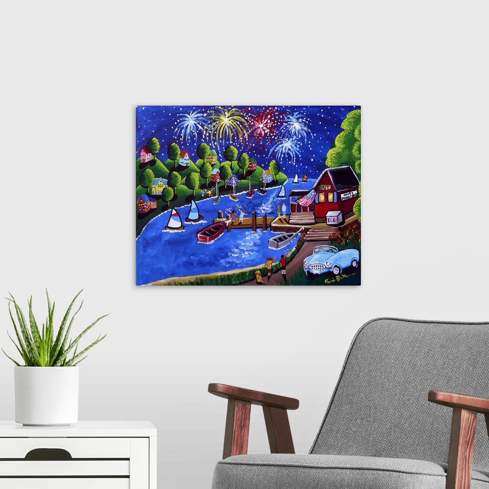 A modern room featuring Fun summer night at the shoreline with fireworks going off in the distance.