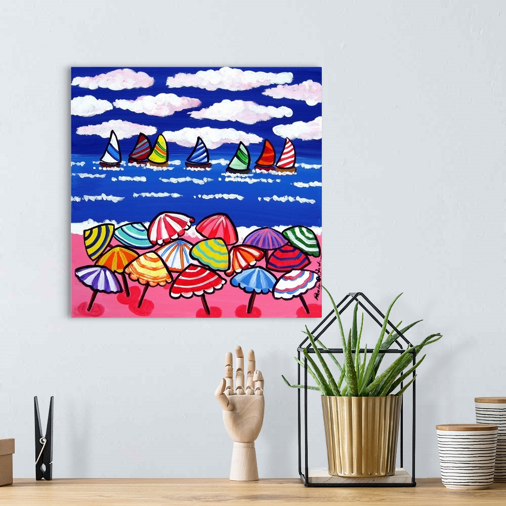 A bohemian room featuring Colorful umbrellas and sailboats in a whimsical beach scene.
