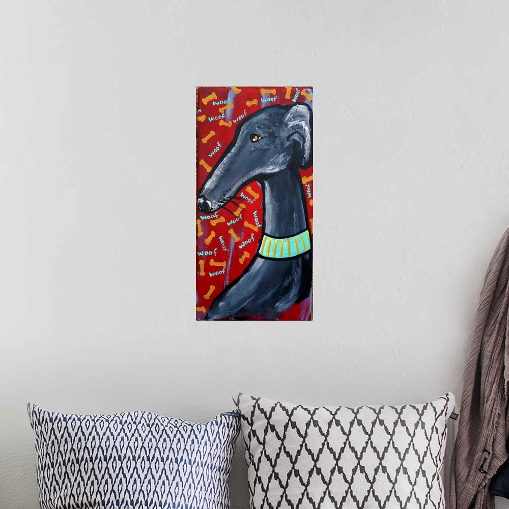 A bohemian room featuring Whimsical Greyhound painting on a narrow panel.
