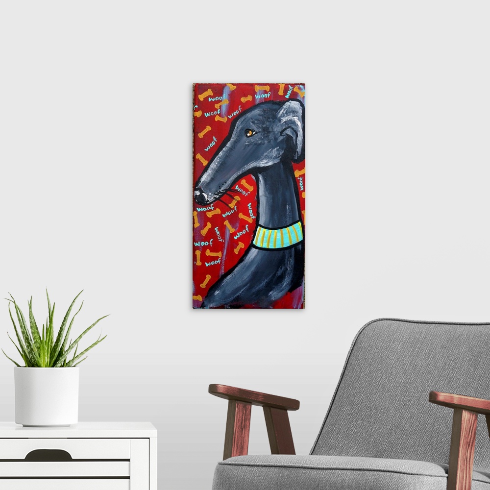 A modern room featuring Whimsical Greyhound painting on a narrow panel.