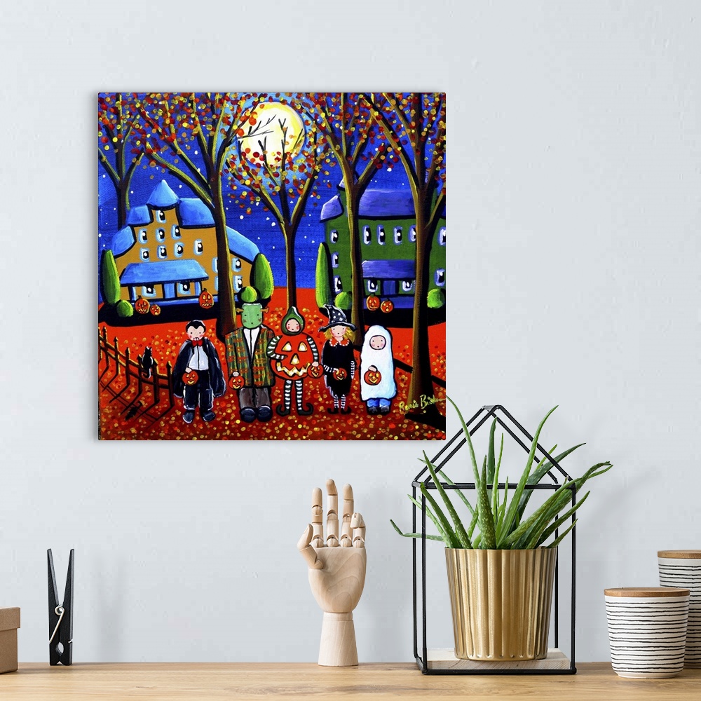 A bohemian room featuring Kids in front of some creepy houses on Halloween night, looking for treats.