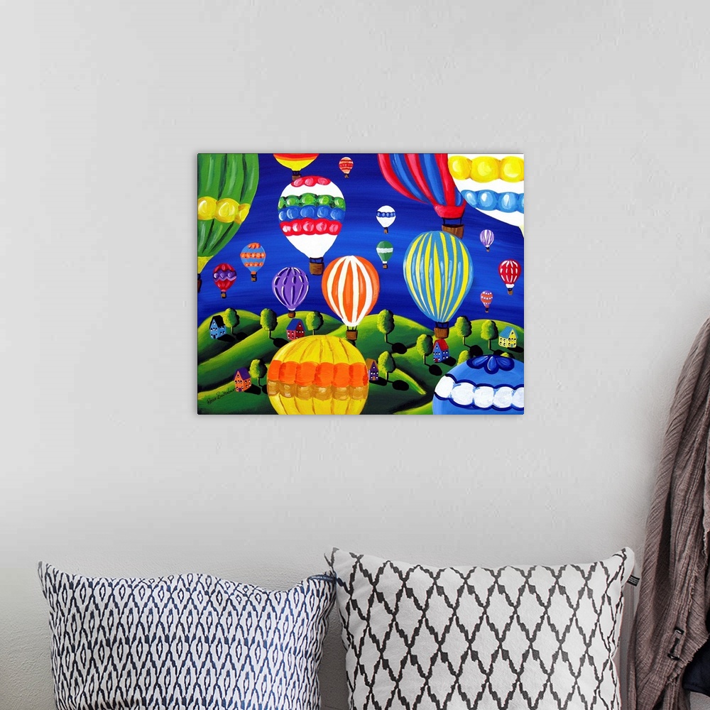 A bohemian room featuring Colorful hot air balloons float above the earth below.