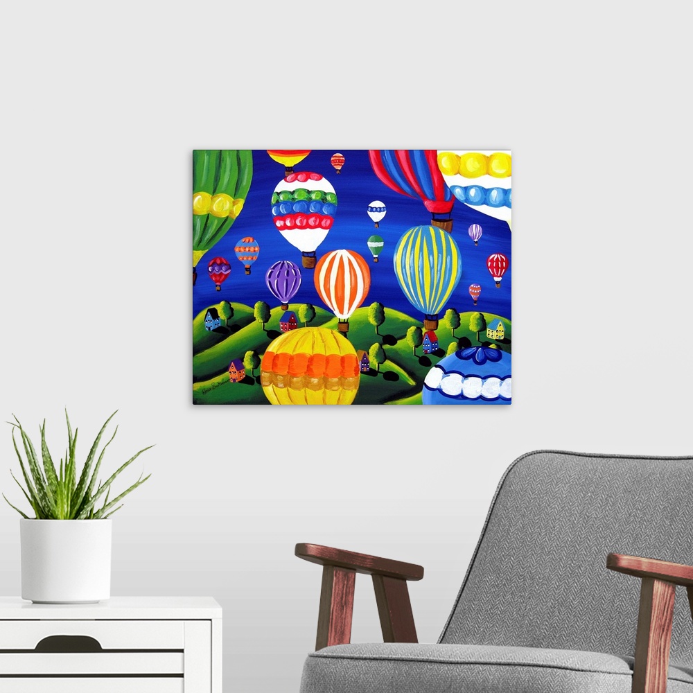 A modern room featuring Colorful hot air balloons float above the earth below.